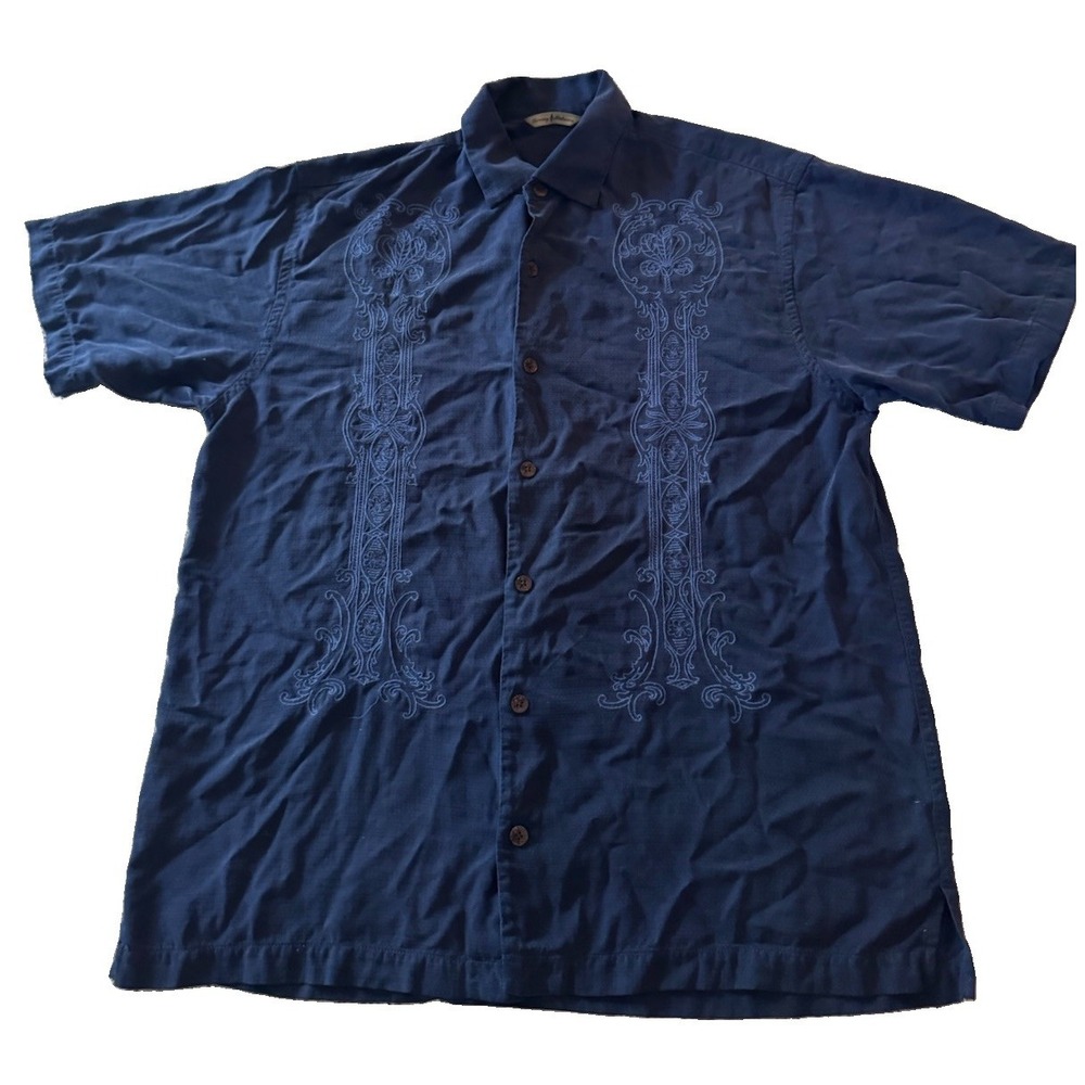 Tommy Bahama Hawaiian Floral Shirt Mens Medium 100% Silk Short Sleeve Camp Navy